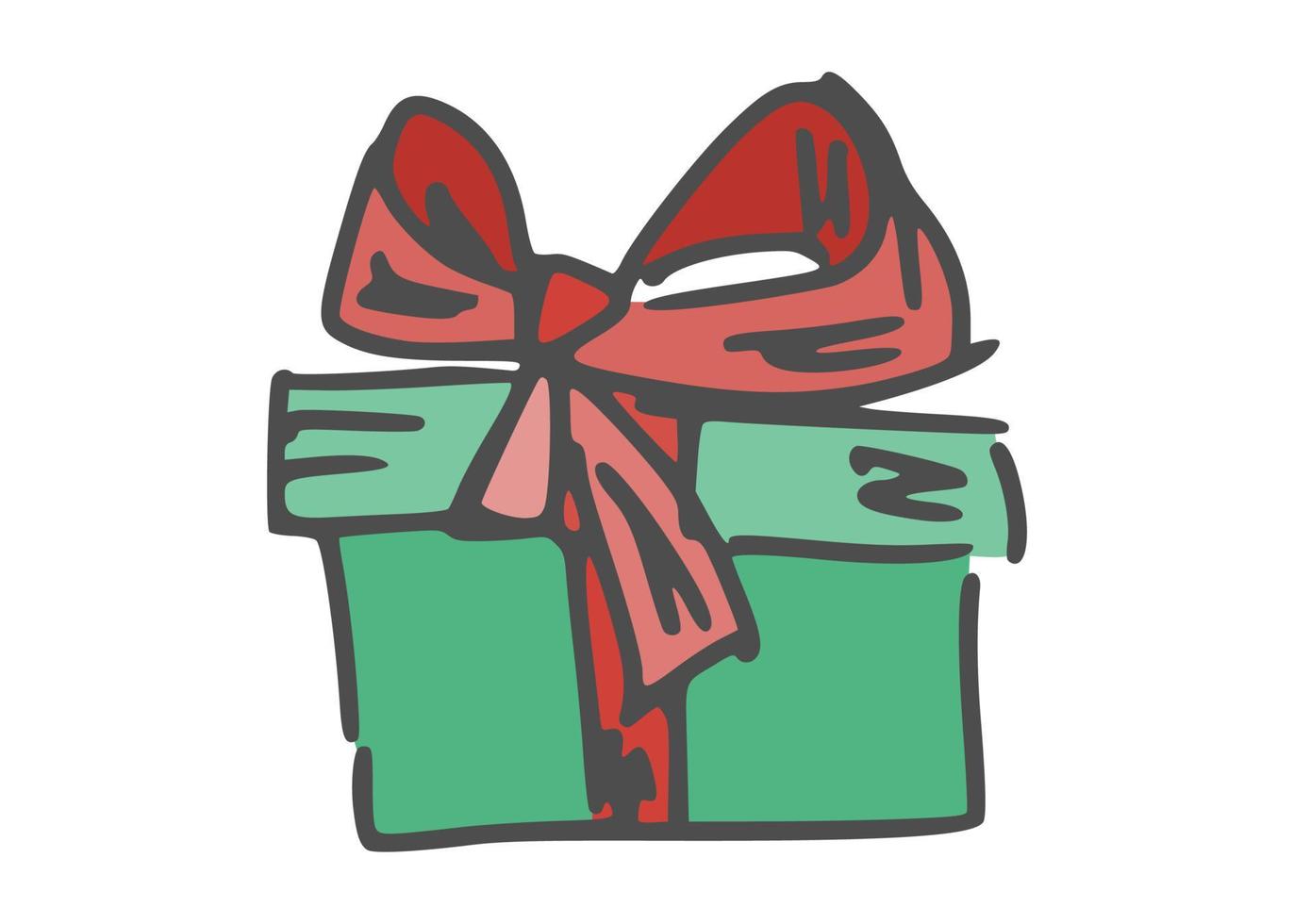 doodle drawing gift green with red ribbon. sketch vector