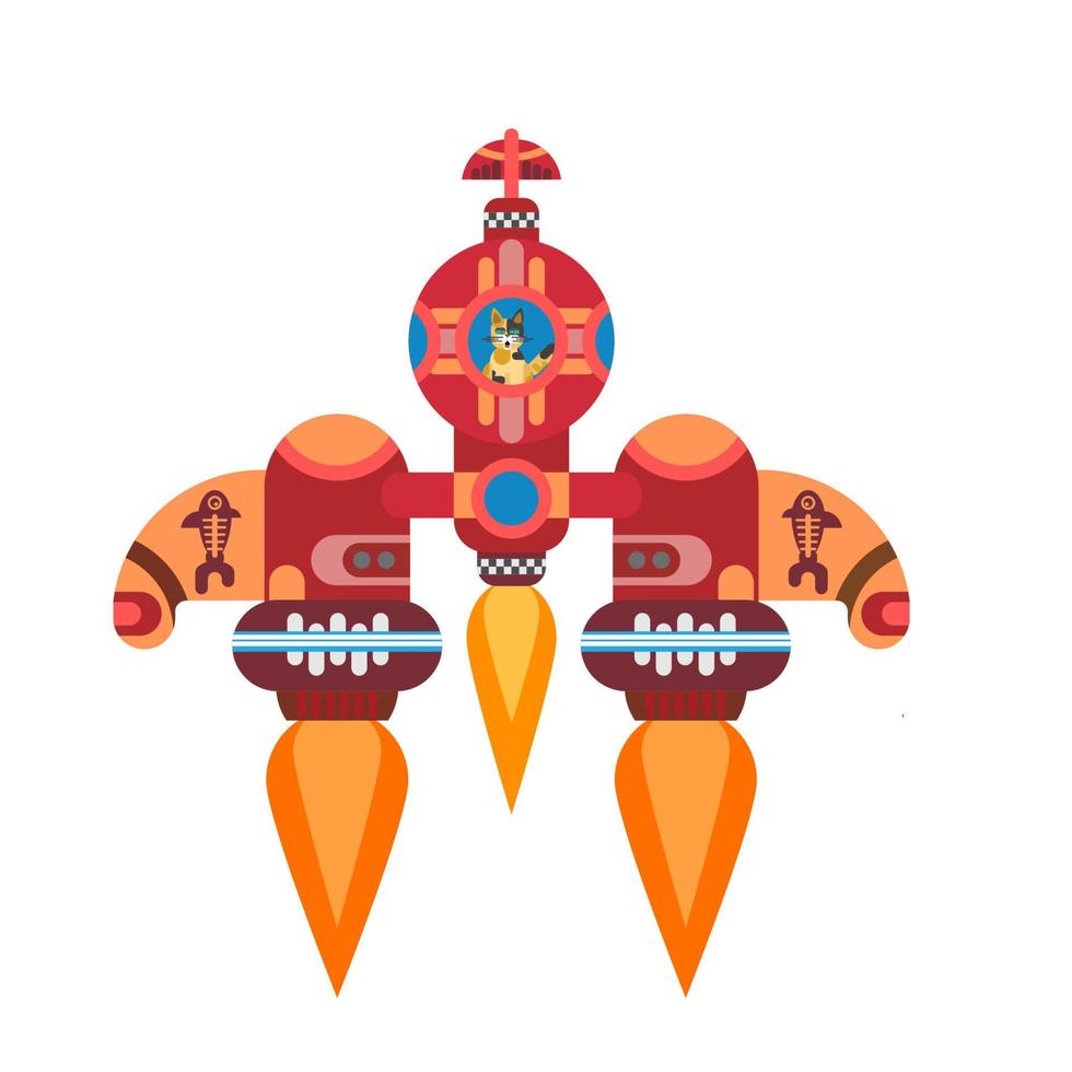 gato volando en un cohete con iconos de peces en el espacio vector