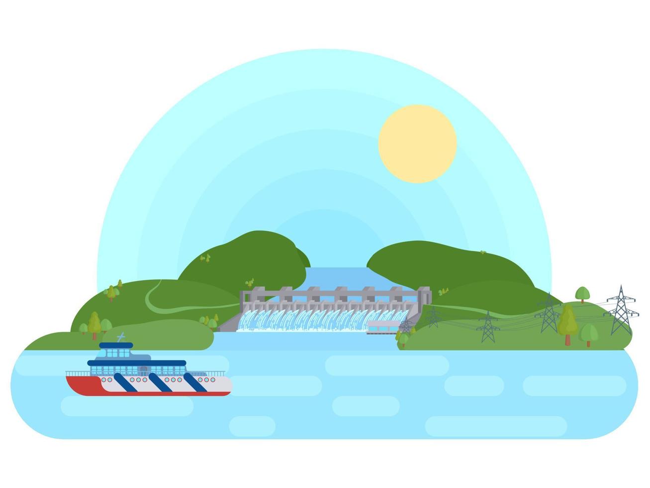 hydroelectric power plant on a river with a reservoir a flat bri vector
