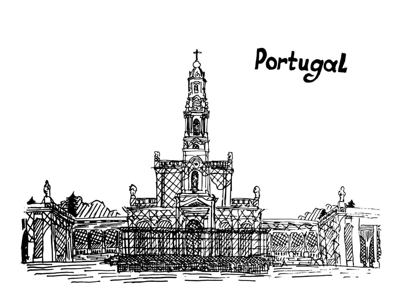 Iglesia de la ciudad de Fátima en Portugal dibujo boceto vector