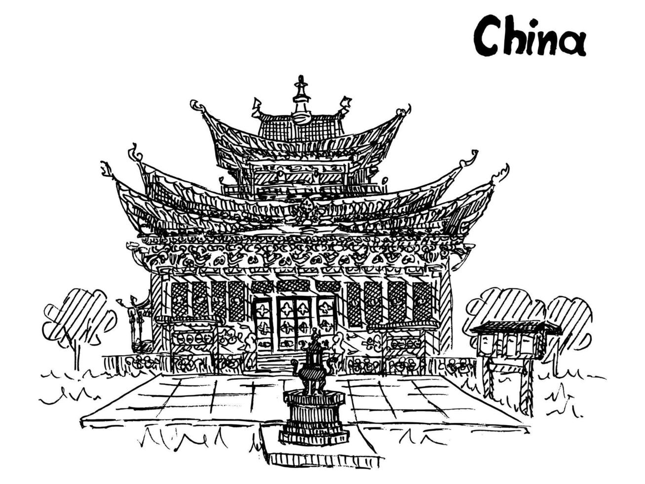 bosquejo del templo chino antiguo dibujo vista antigua vector