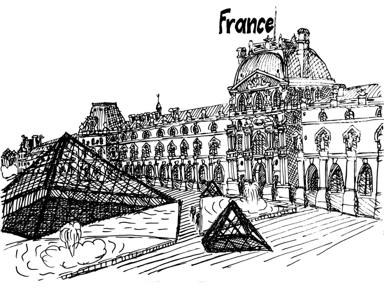 Francia, louvre, blanco y negro, bosquejo, ilustraciones vectoriales vector