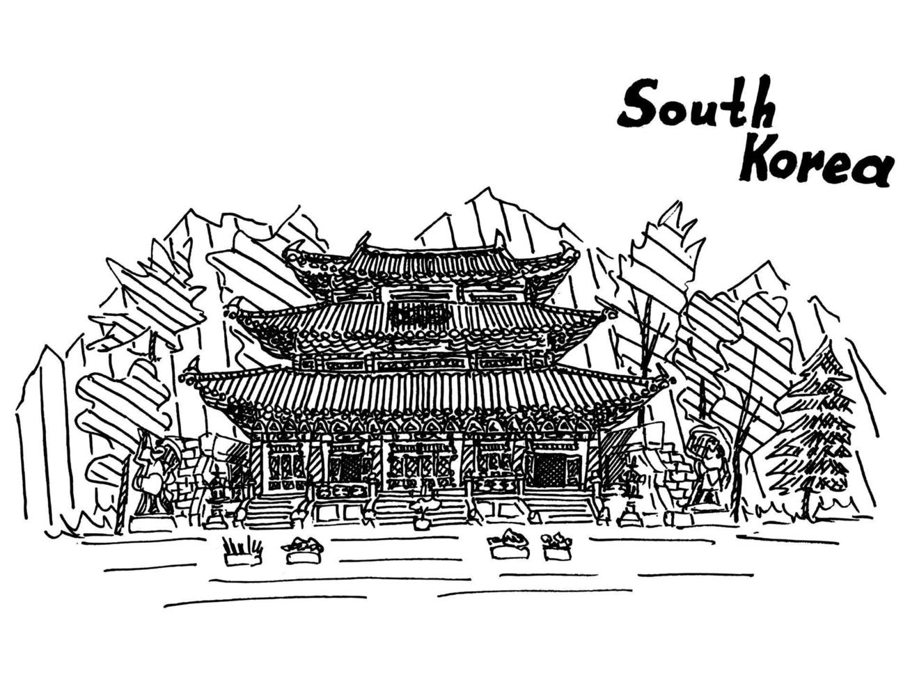 boceto de corea del sur con un dibujo de inscripción de un templo sk vector