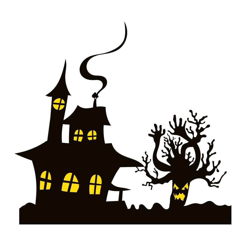 casa de miedo y árbol de halloween. ilustración plana vector