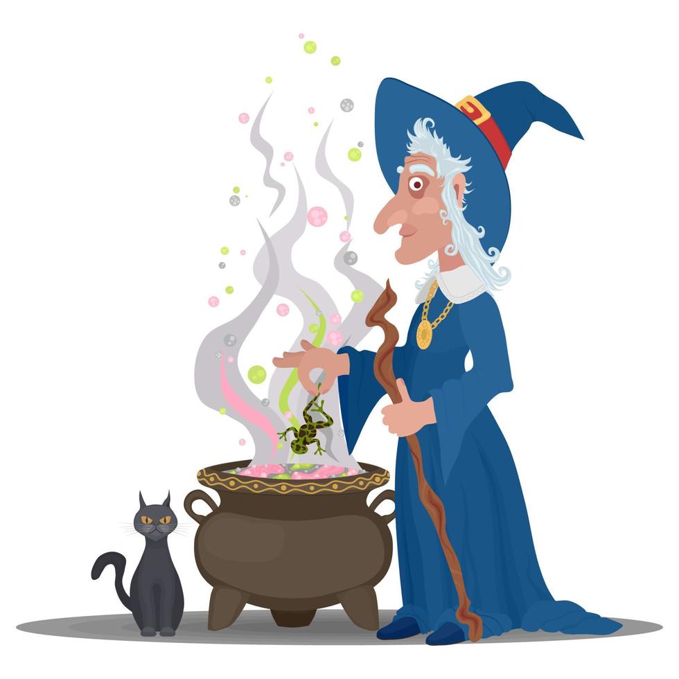 old witch brewing a potion with a cat in a cauldron vector