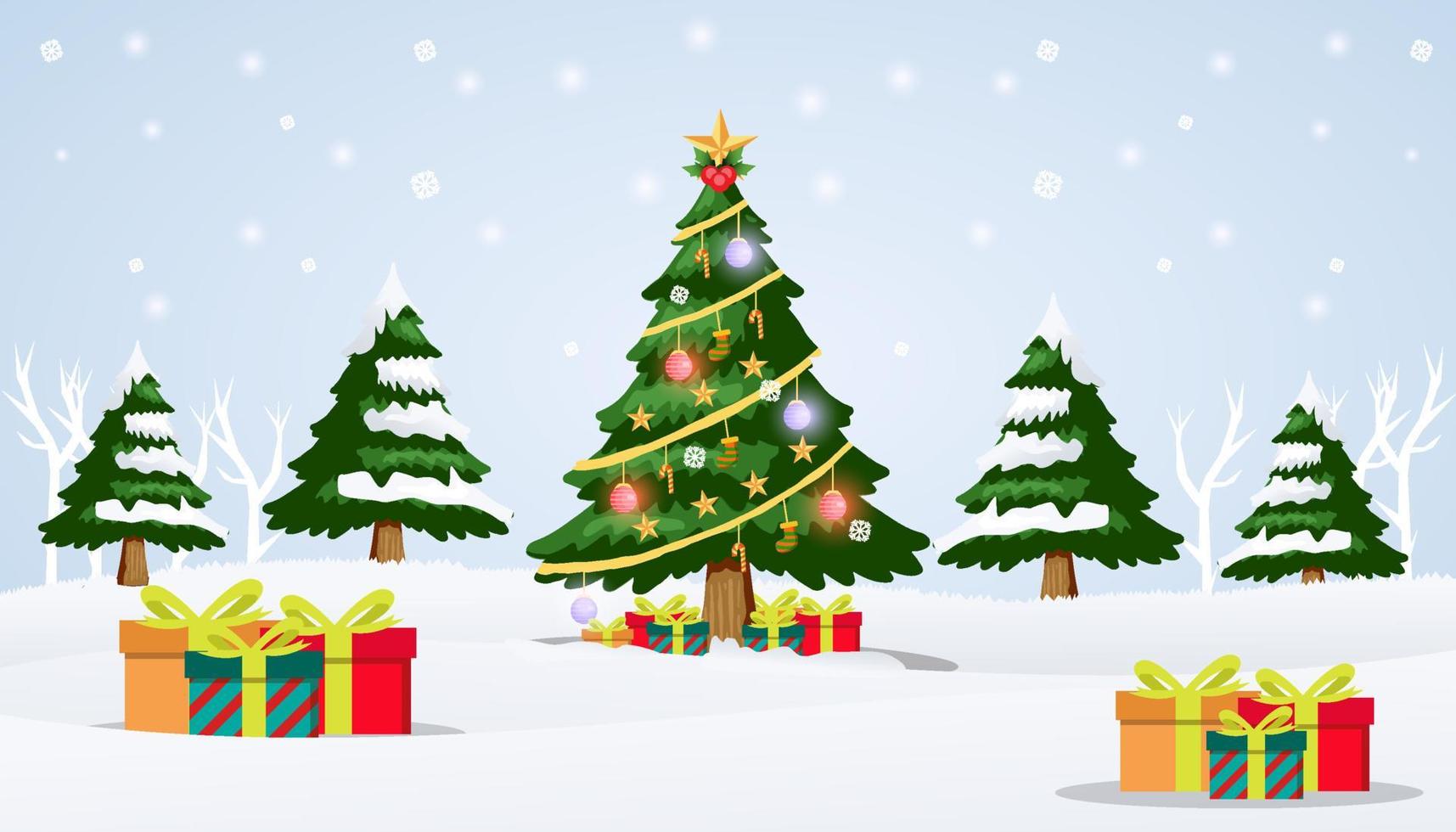 merry Christmas background flat design hand drawn. Christmas tree in the  forest with gift boxes when winter vector
