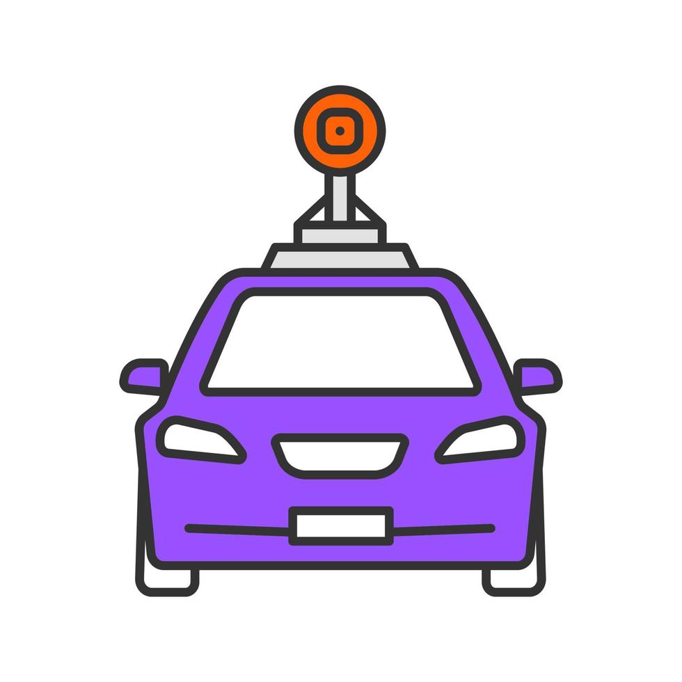 Smart car in front view color icon. NFC auto with roof camera and radar sensor. Intelligent vehicle. Self driving automobile. Autonomous car. Driverless vehicle. Isolated vector illustration