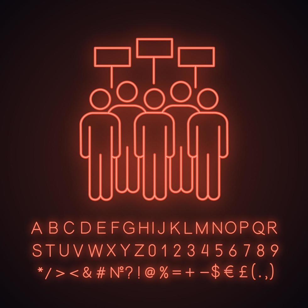Protest event neon light icon. Political protest. Social movement. Public opinion. Protesters with banners. Demonstration, meeting. Glowing sign with alphabet, numbers. Vector isolated illustration