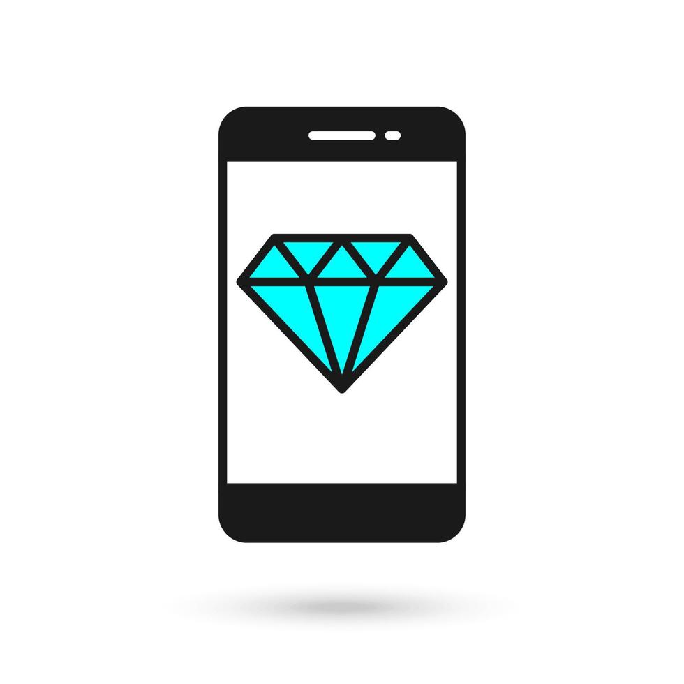 Mobile phone flat design icon with blue Diamond gemstone sign. vector