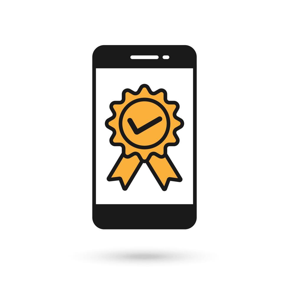 icono de diseño plano de teléfono móvil con signo de marca de verificación certificado amarillo. vector