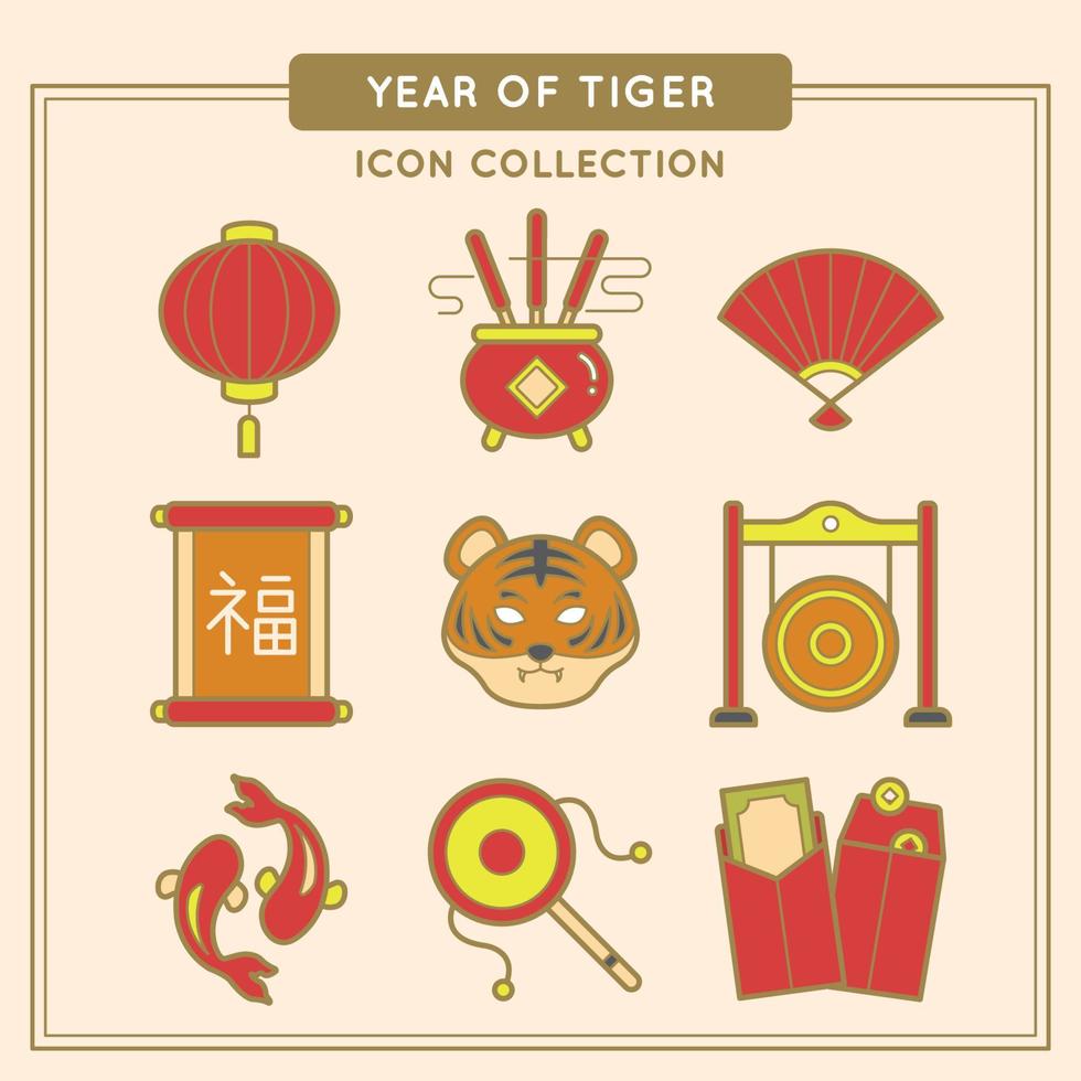 Objetos y decoraciones temáticas alrededor del año del tigre. vector