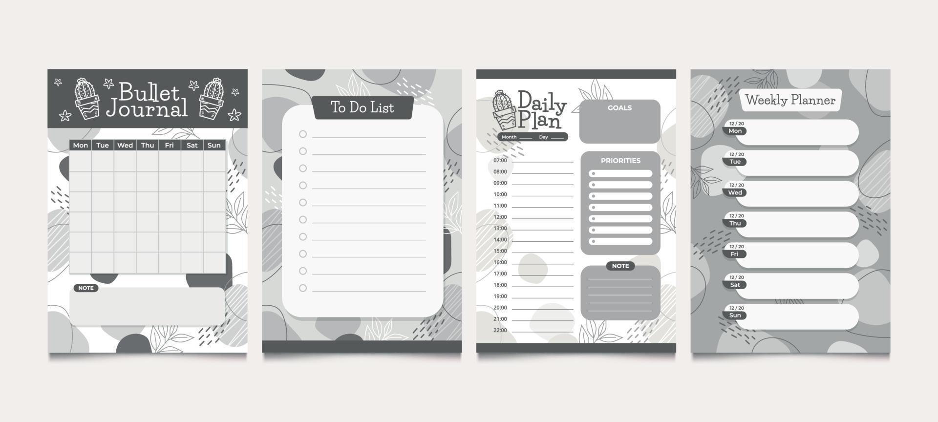 conjunto de plantilla de diario monocromo vector