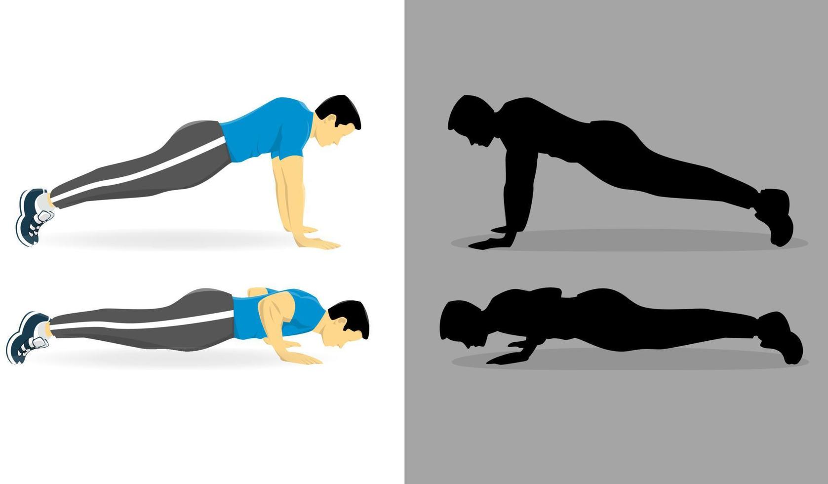 un hombre está haciendo push up, clip art, silueta, sombra, caricatura, etc. bueno para artículo, atención médica vector