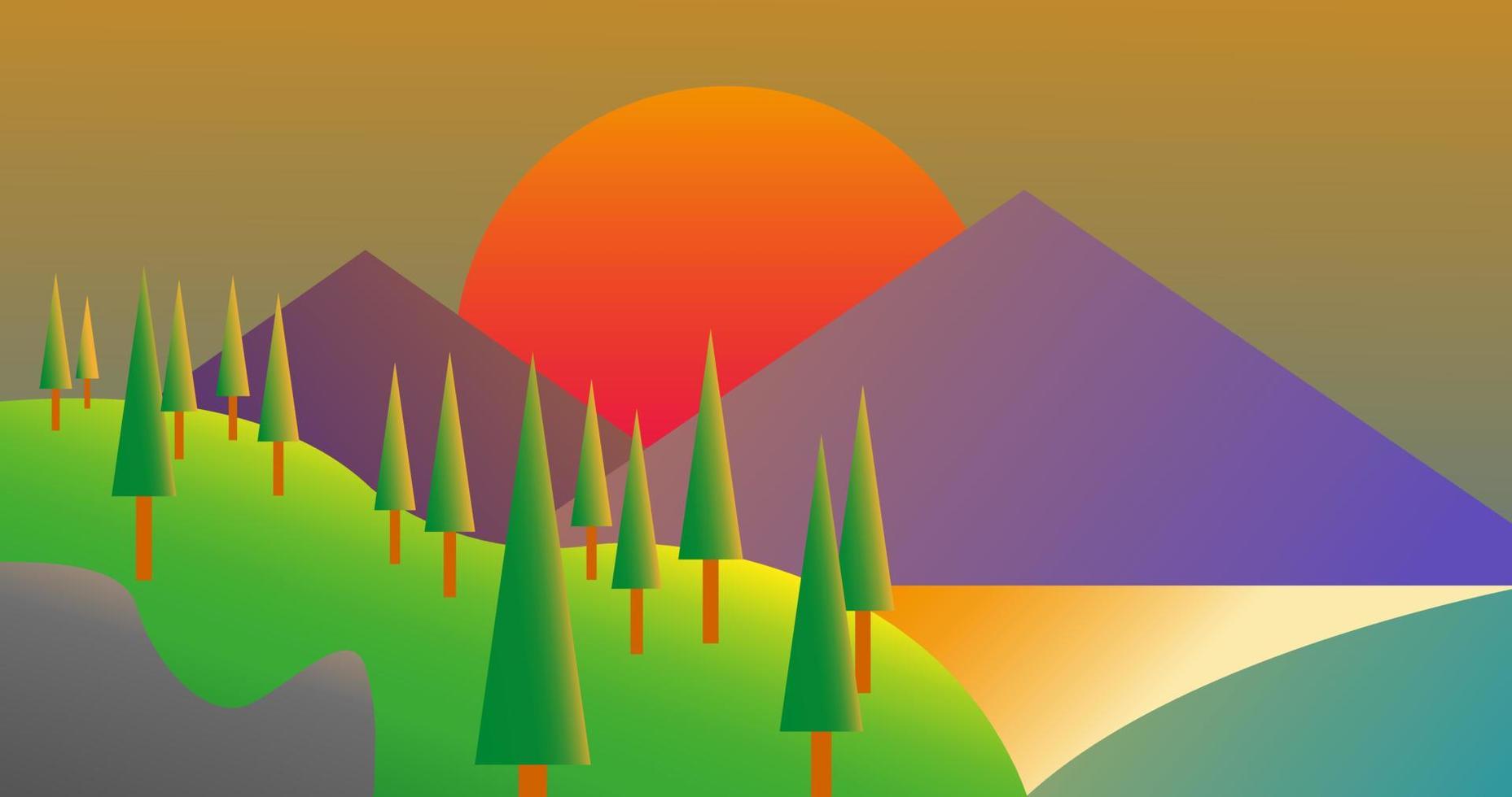 puesta de sol detrás de dos paisajes de montañas con estilo geométrico para fondo, papel tapiz, etc. vector