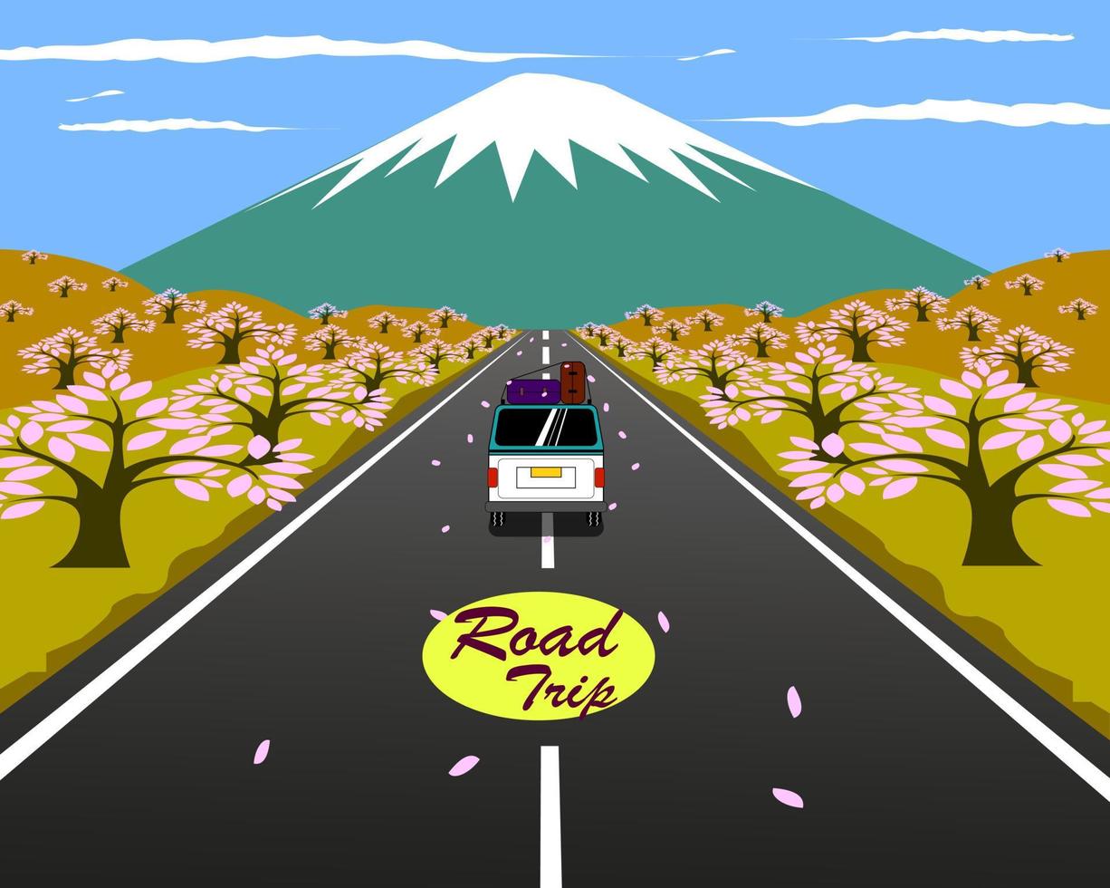 road trip on camper van through sakura blossom and mount fuji vector