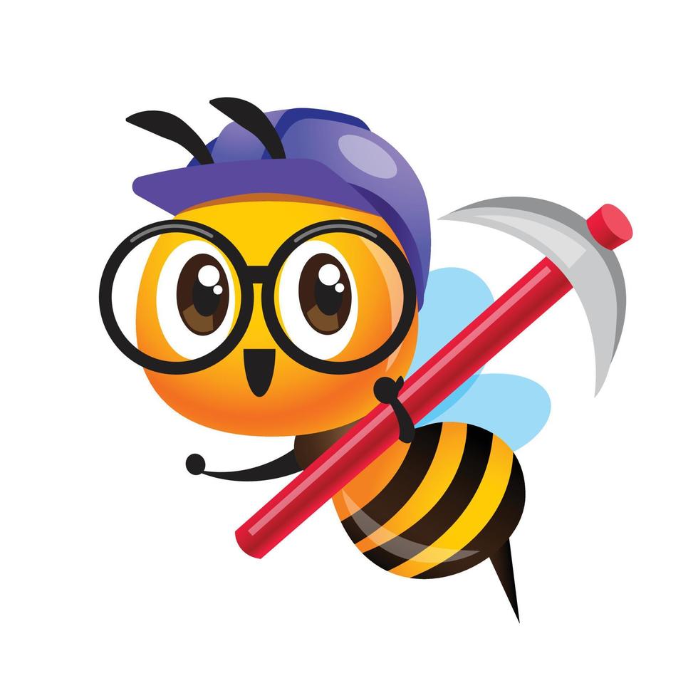 Cartoon cute worker bee wearing safety helmet and eye glasses holding pickaxe. Vector character