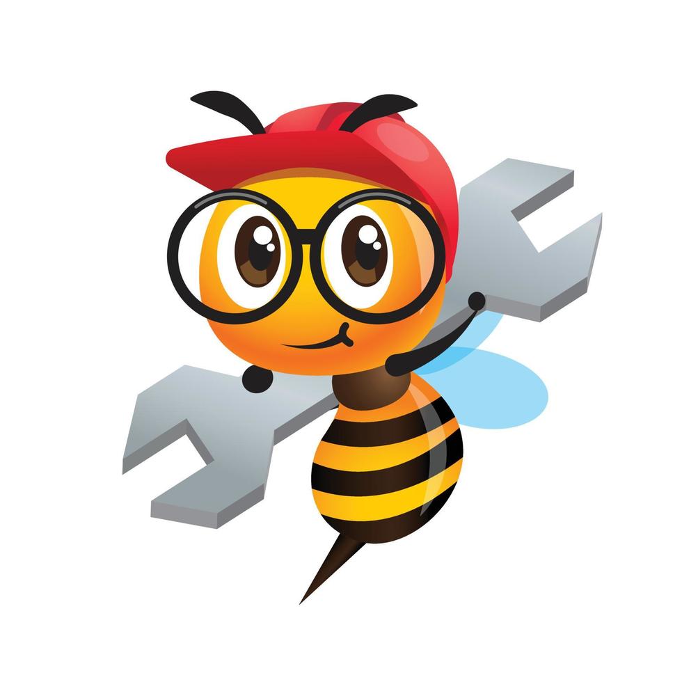 Cartoon cute worker bee wearing safety helmet and eye glasses while carrying a big spanner. Vector bee character