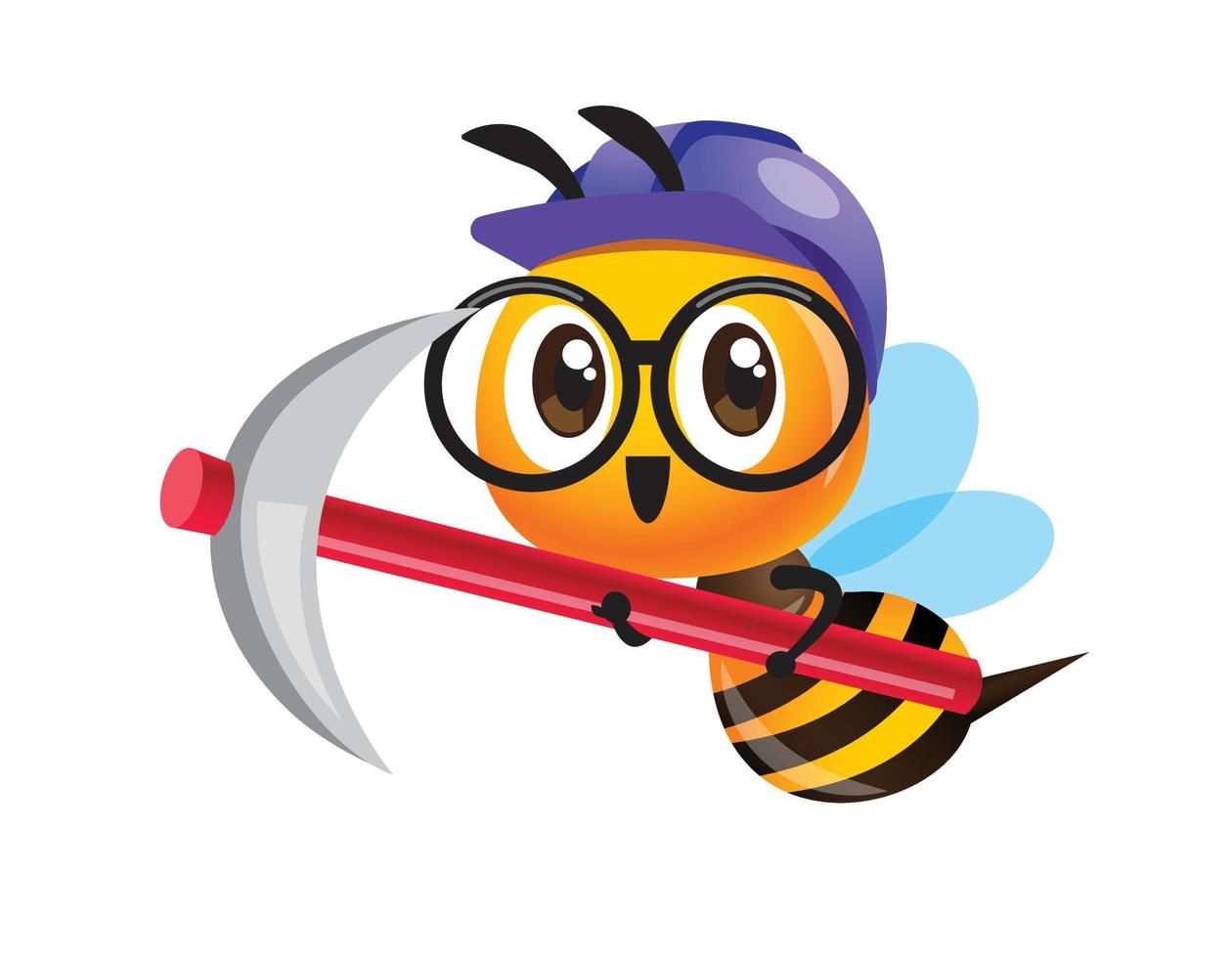 Cartoon cute worker bee with purple safety cap and holding big pickaxe. Cute bee wearing eye glasses. Vector character