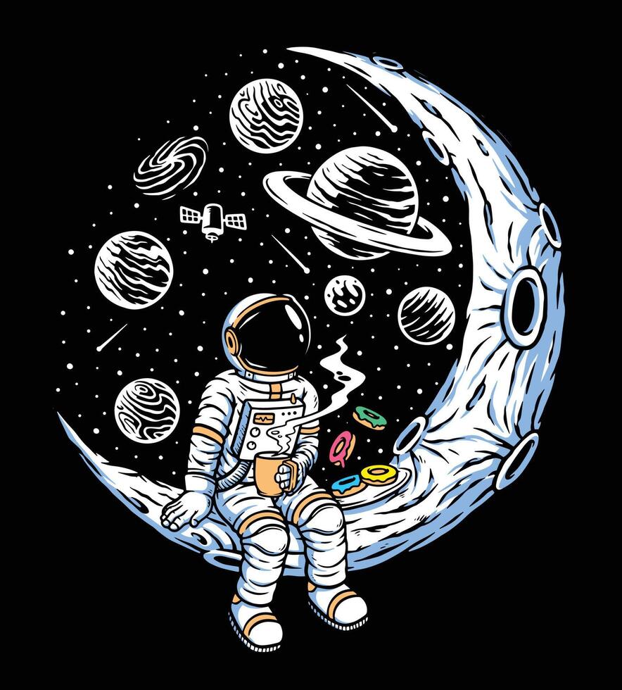 astronautas bebiendo café y comiendo donas en la ilustración de la luna  4246622 Vector en Vecteezy