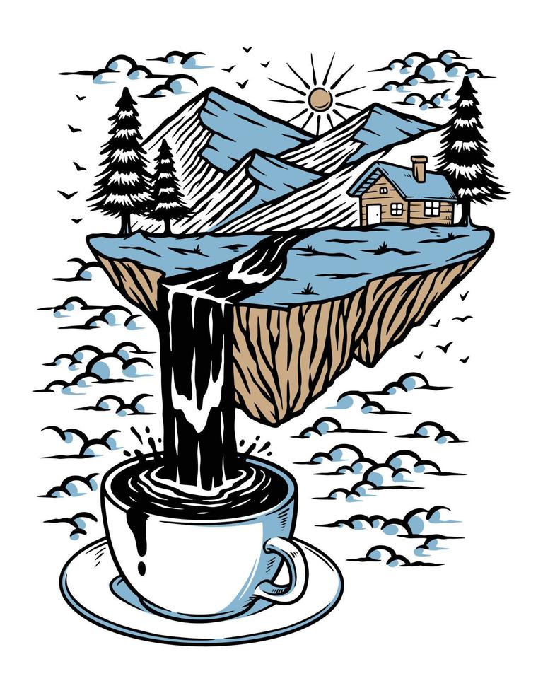 montañas y ríos de ilustración de café vector