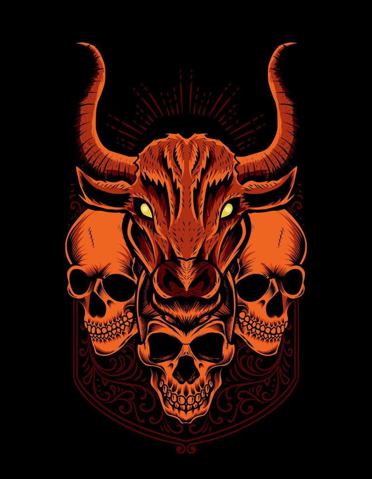 illustration bull head with skull head on black background vector