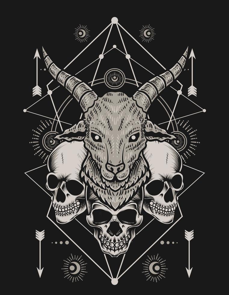 illustration goat head with skull on black background vector