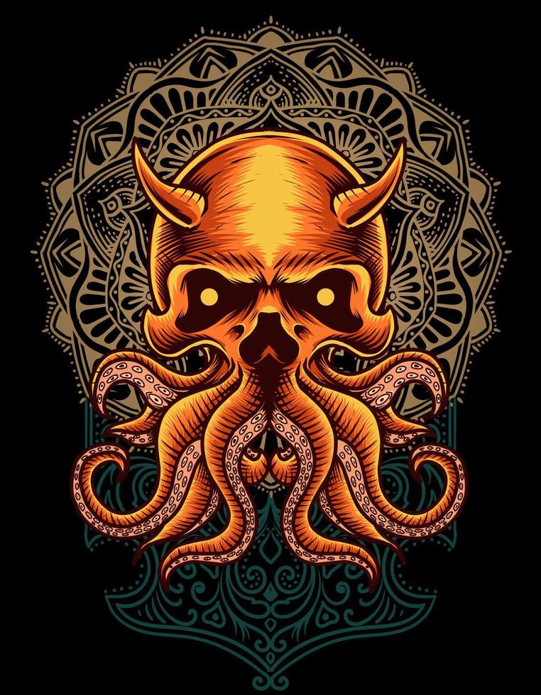 Ilustración de calavera de pulpo con adorno de mandala vector