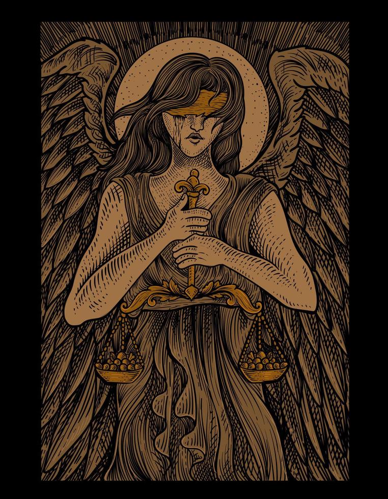 Ilustración de la justicia del ángel con estilo de grabado vector