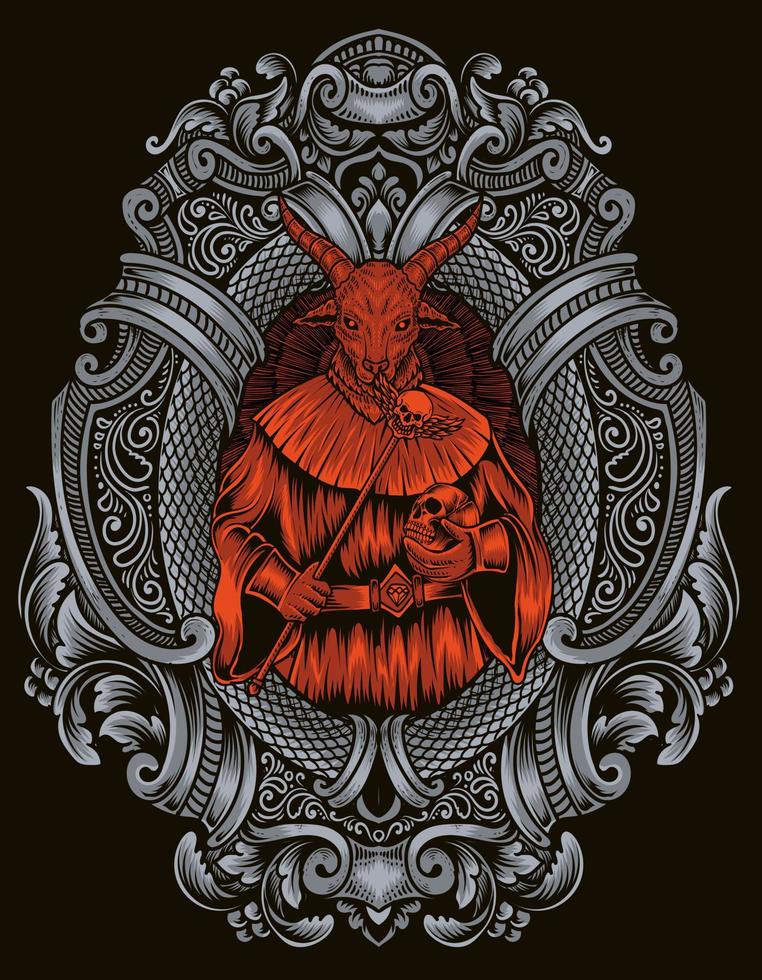 Ilustración dios baphomet con adorno grabado vector