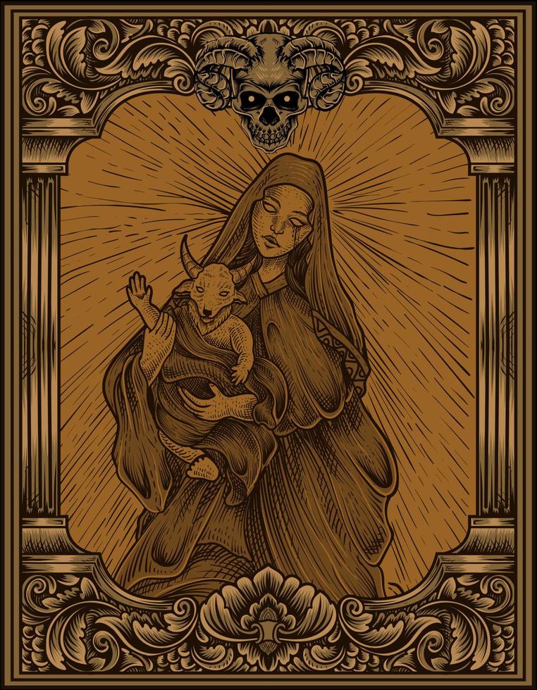 illustration baby baphomet and mother with engraving ornament style vector