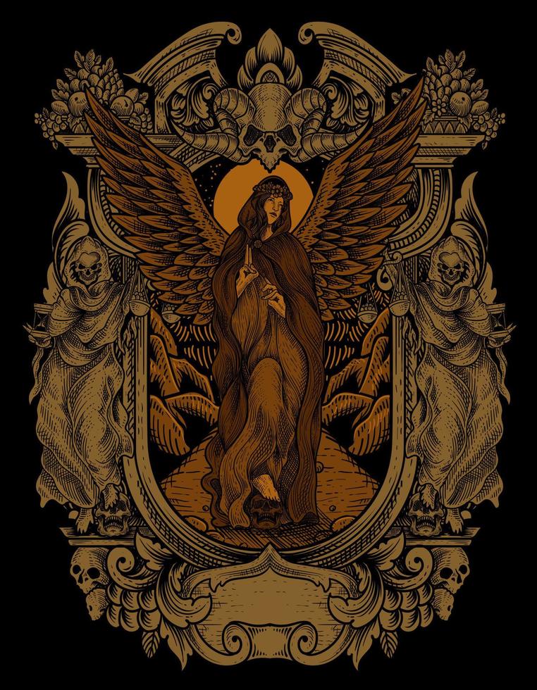 ilustración, vendimia, ángel, con, grabado, ornamento, estilo vector