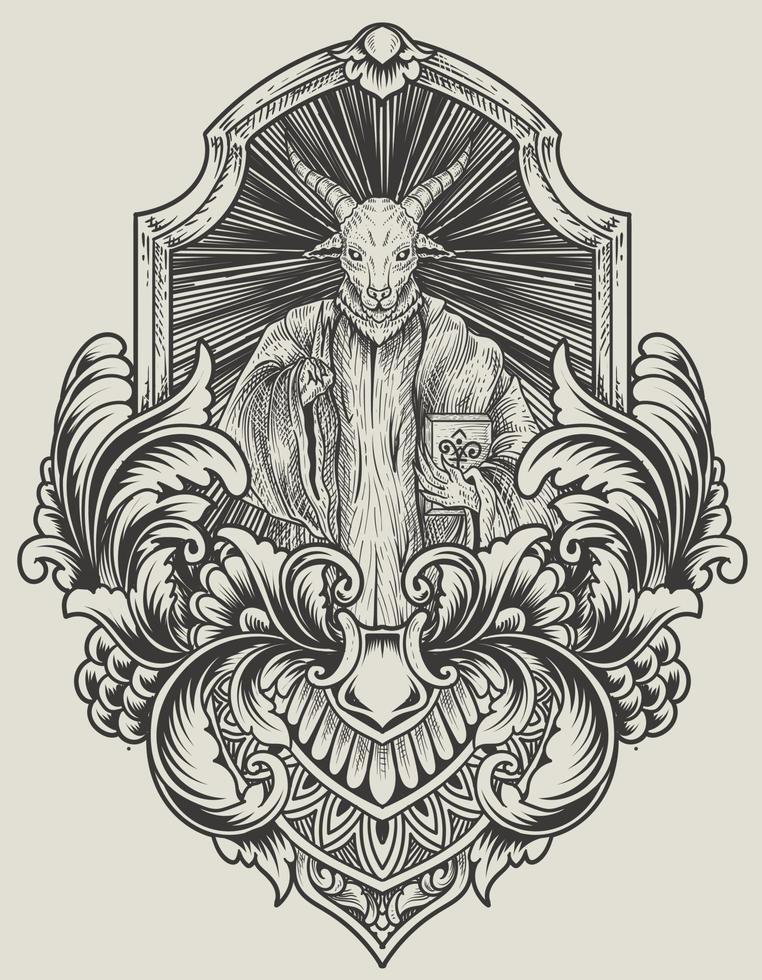 illustration scary baphomet on engraving ornament vector