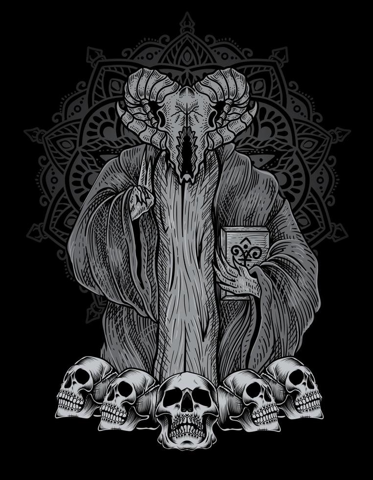 illustration scary baphomet skull on engraving ornament vector