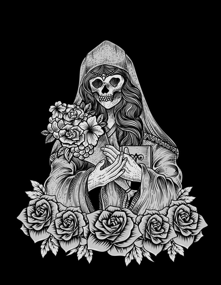 Ilustración de calavera de mujer de azúcar con estilo de grabado vector