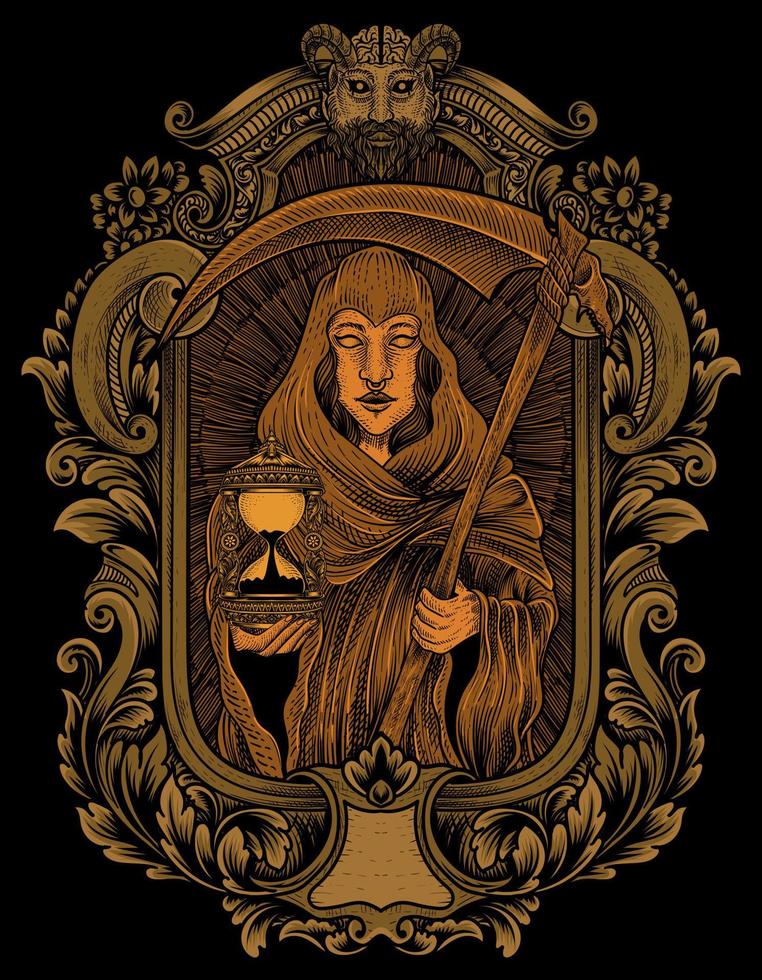 ilustración, ángel de la muerte, mujer, con, grabado, ornamento, estilo vector