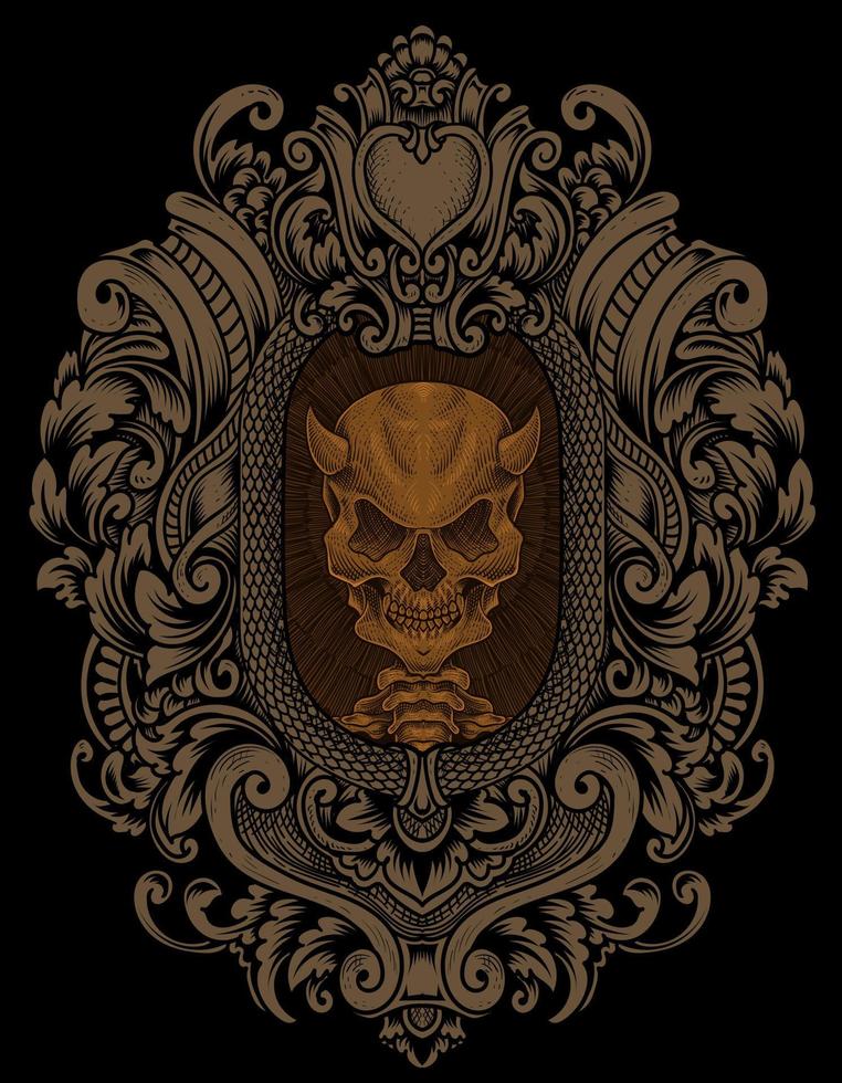 Ilustración de cráneo de demonio con estilo de adorno de grabado vector
