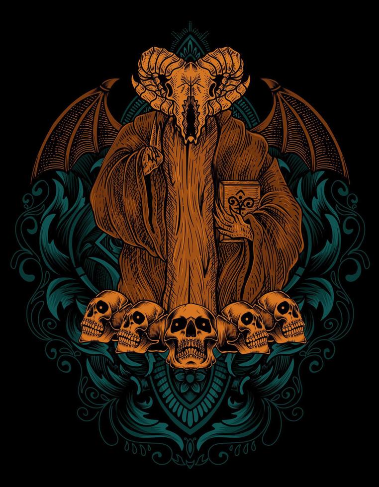 illustration scary baphomet skull on engraving ornament vector