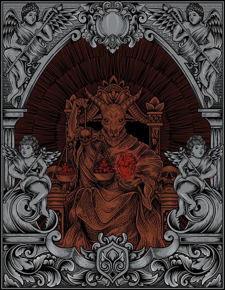 illustration king satan on gothic engraving ornament style vector