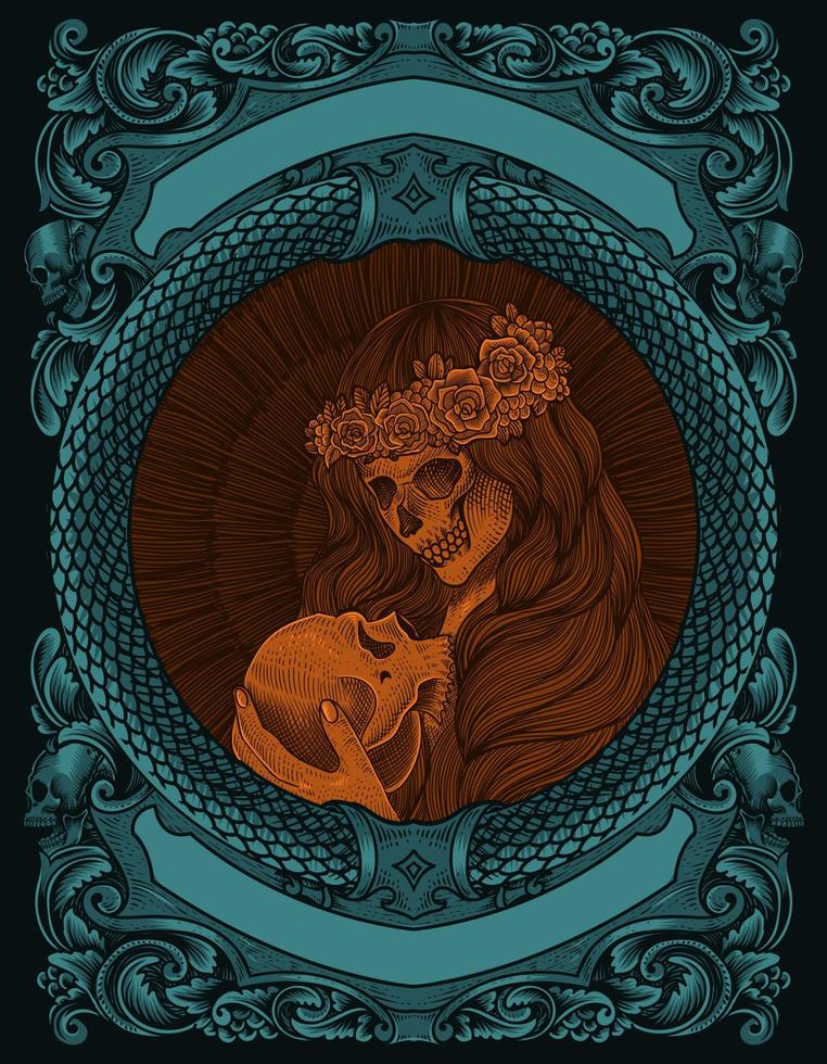 Ilustración mujer calavera de azúcar con estilo de grabado vector