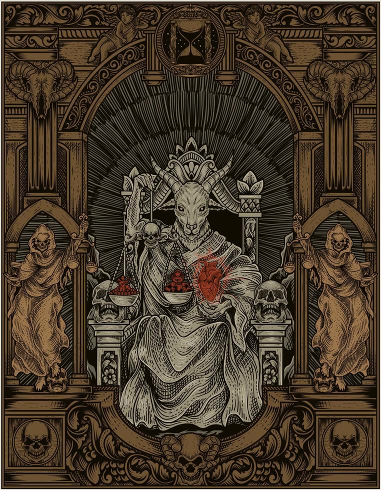 illustration king satan on gothic engraving ornament style vector