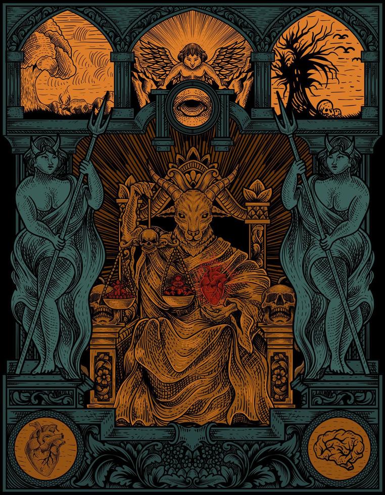 ilustración, rey satanás, en, gótico, grabado, ornamento, estilo vector