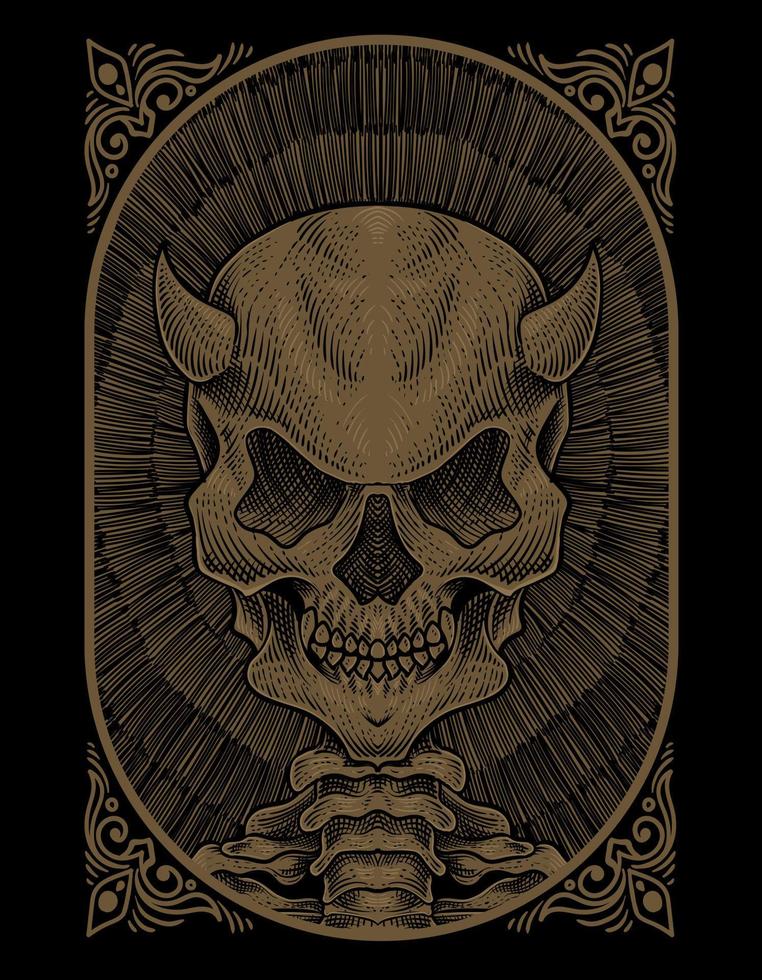 illustration skull demon with engraving style vector