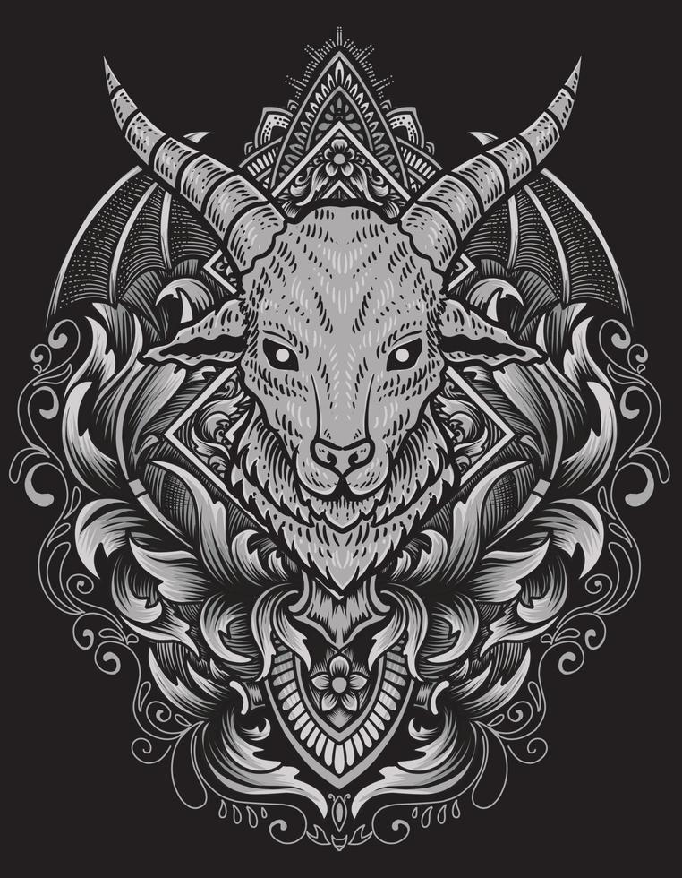 illustration goat head with engraving ornament vector