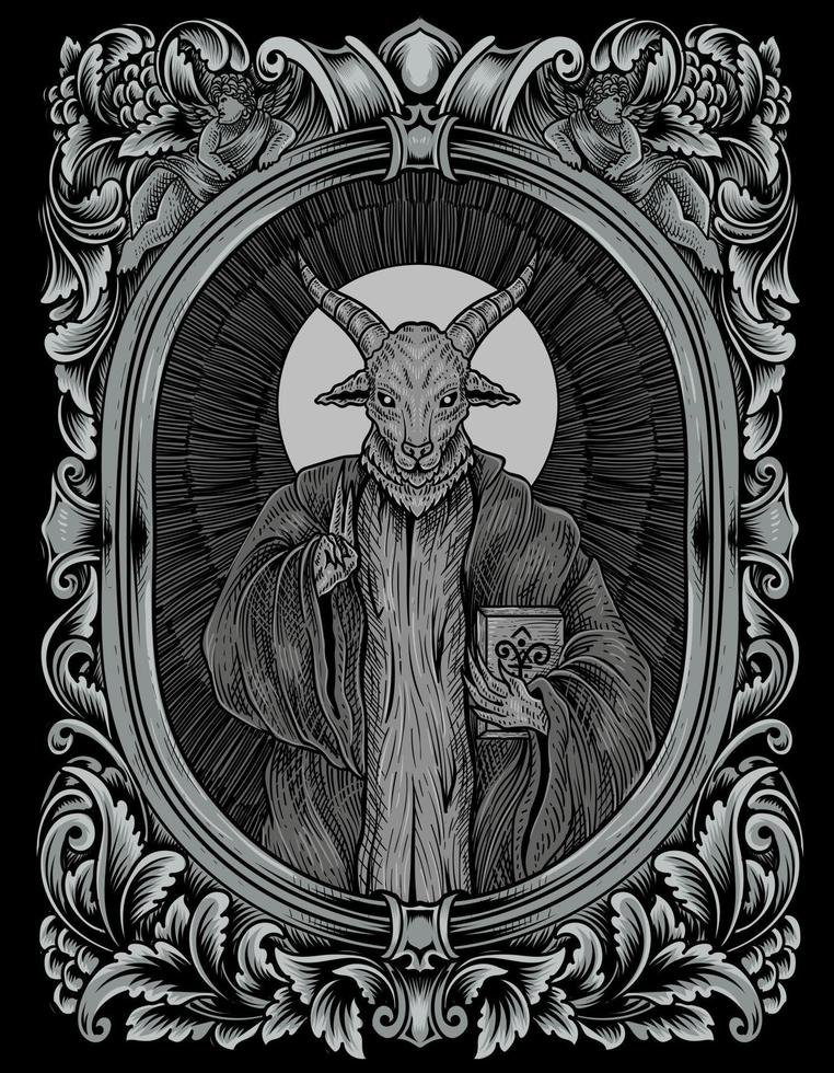 illustration scary baphomet on engraving ornament vector