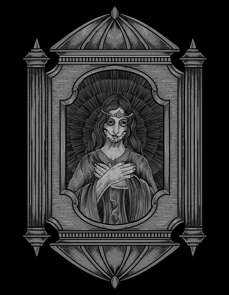 illustration santa maria skull with engraving style vector