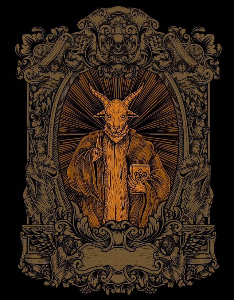 illustration scary baphomet on engraving ornament vector