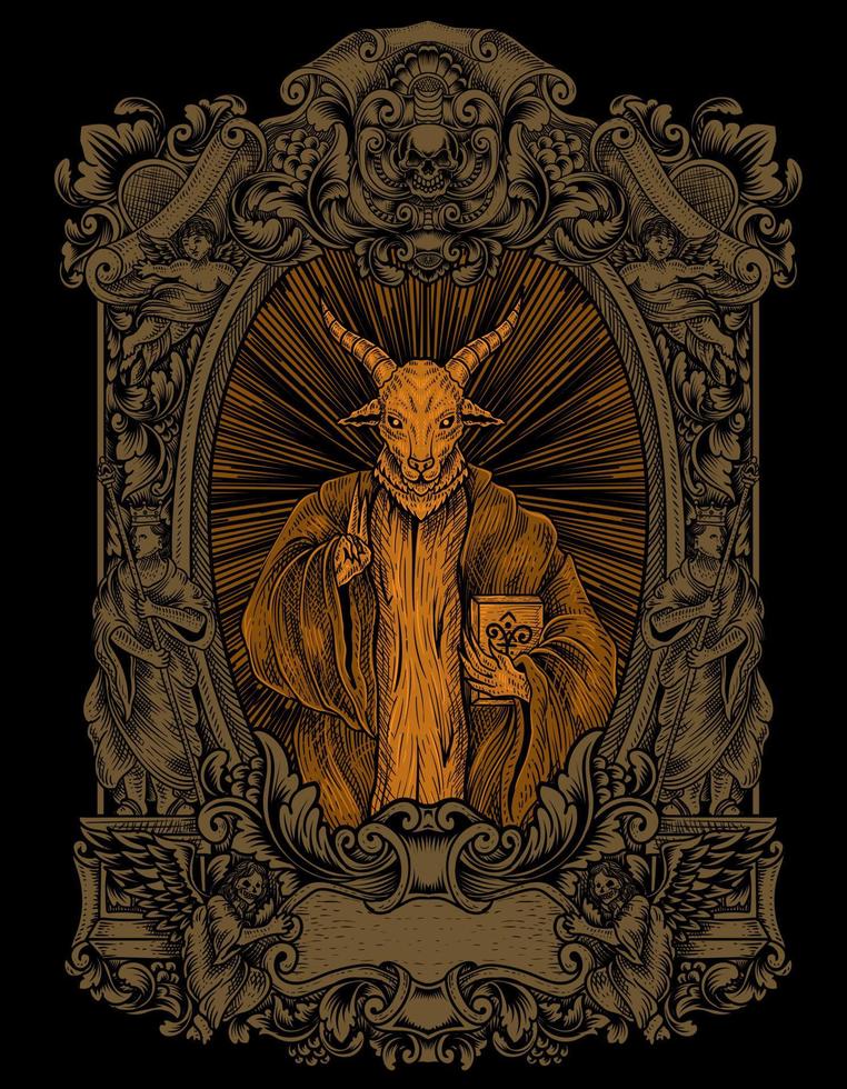 Ilustración de miedo baphomet en grabado ornamento vector