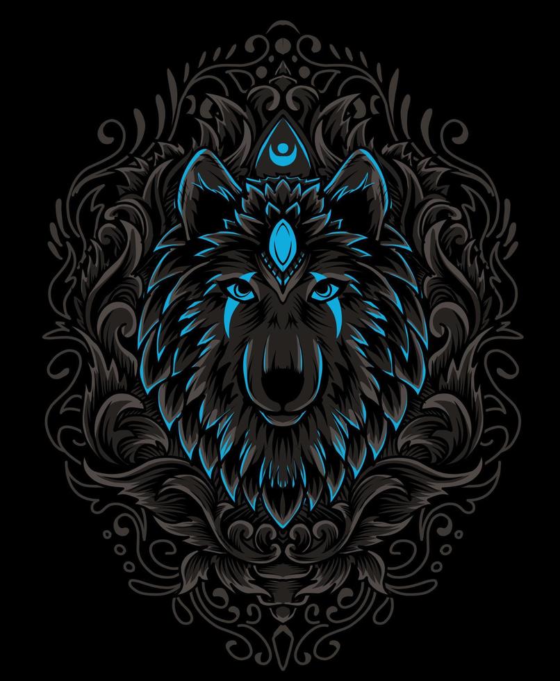 ilustración, vector, cabeza de lobo, con, grabado, ornamento vector