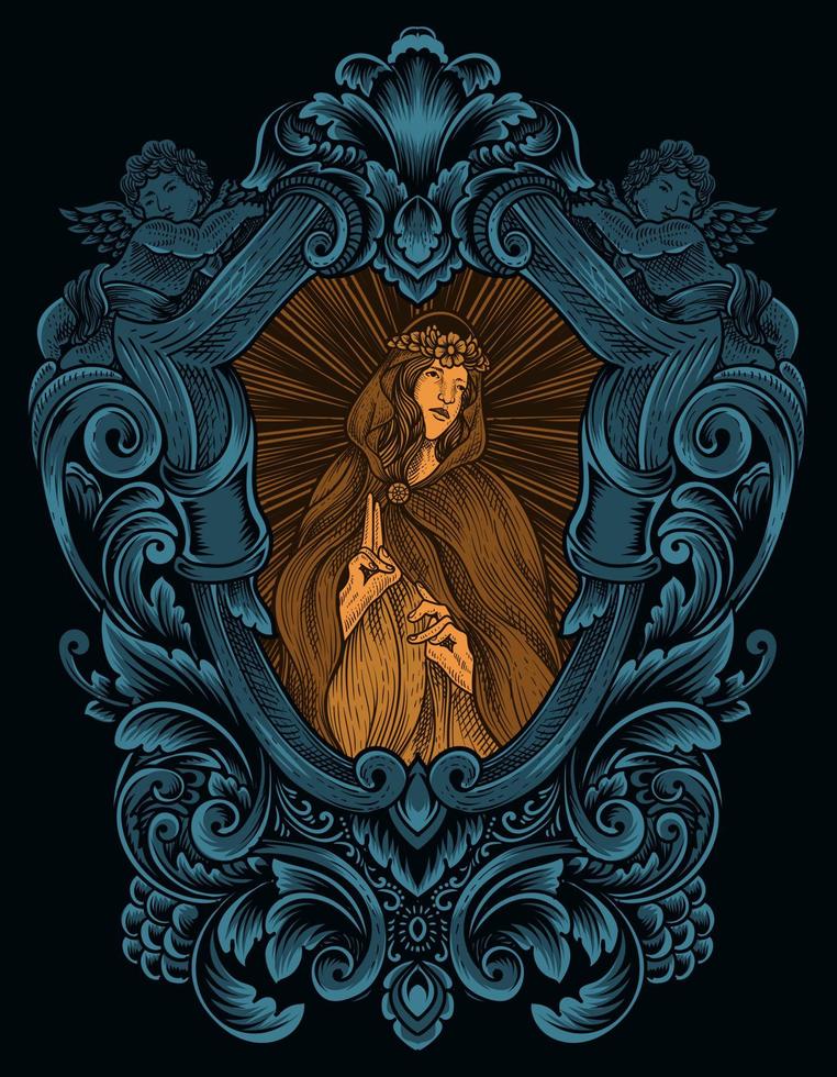 illustration vintage angel with engraving ornament style vector
