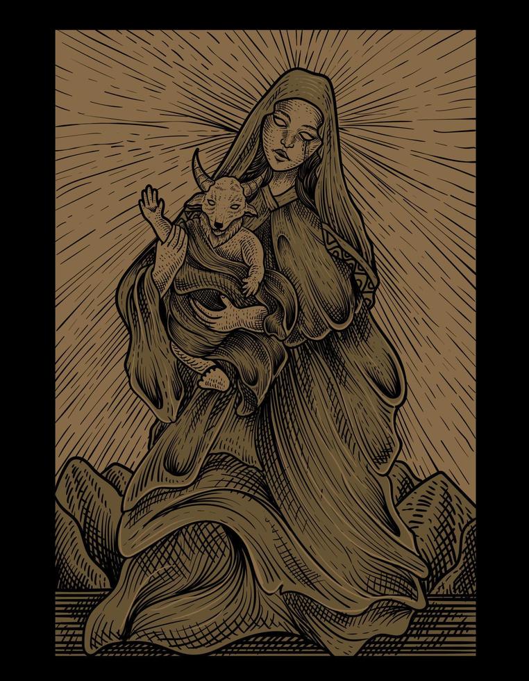 illustration baby baphomet and mother with engraving style vector